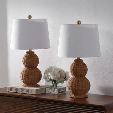 Millie 23" Modern Coastal Woven Rattan Gourd LED Table Lamp, Set of 2